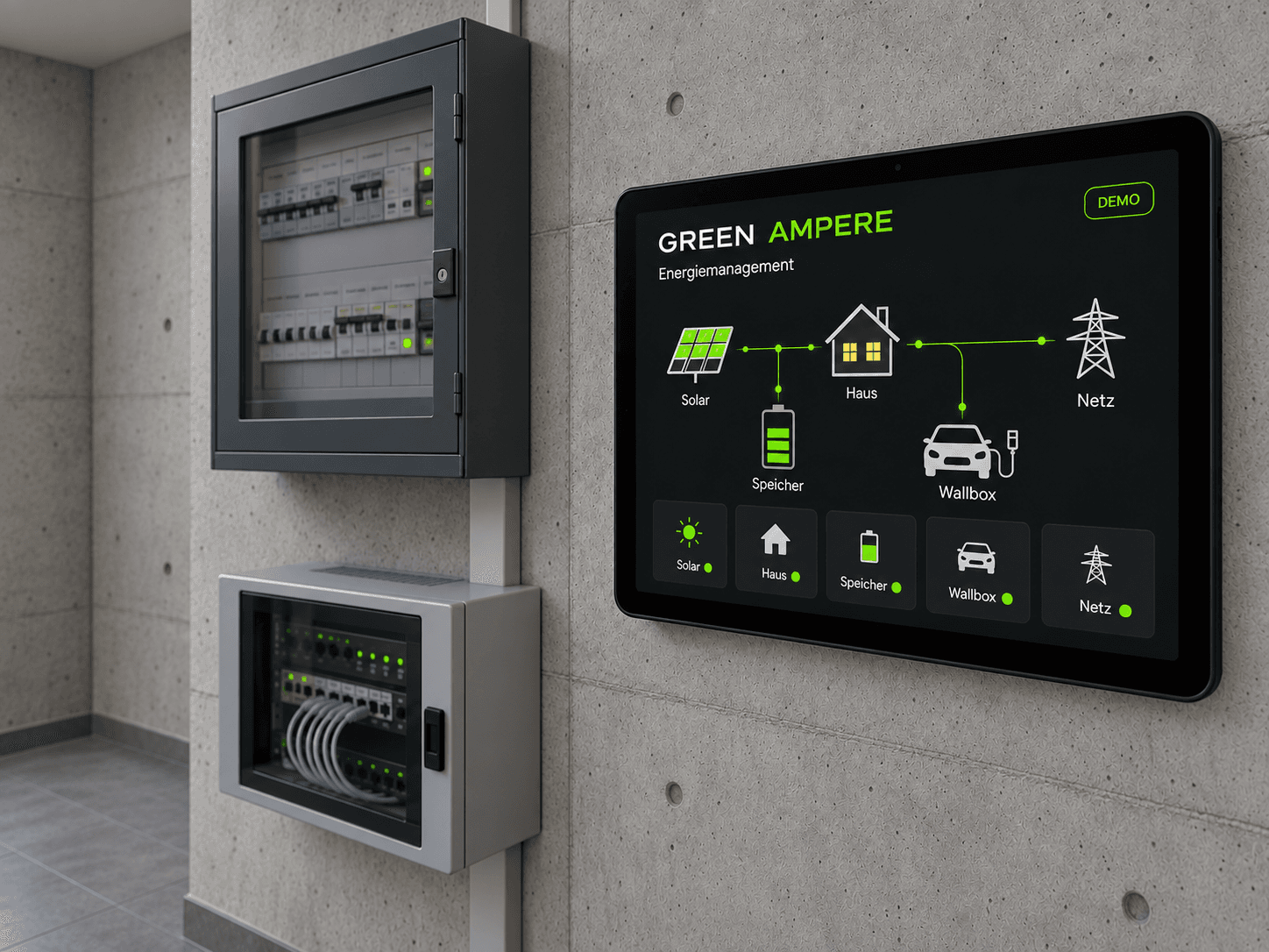 Symbolbild: Tablet mit Energiemanagement-Oberfläche (Demo) neben dem Sicherungskasten eines Wohnhauses